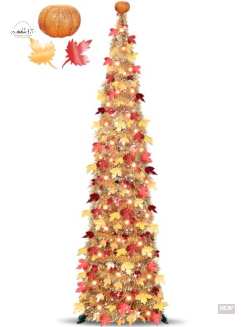 5FT Pop Up Fall Tinsel Maple Tree with 50 LED Lights Battery Operated